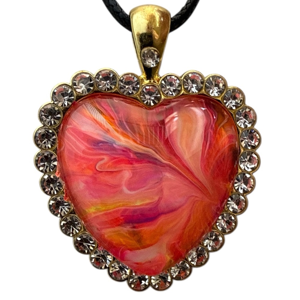 Handmade Pink and Coral Fluid Art Heart Pendant Necklace One of a Kind
